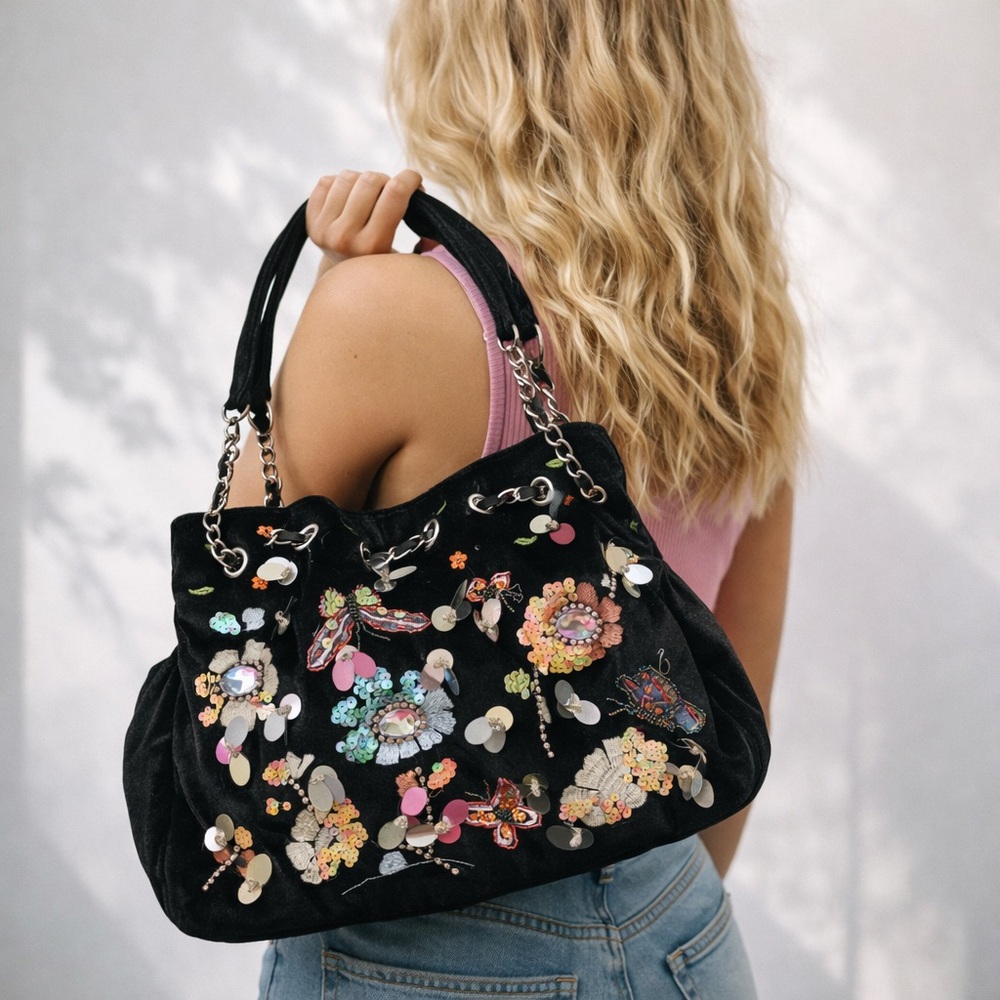Y2K Black Velvet Sequin Butterfly Shoulder Bag Floral Beaded Boho Purse vintage - Picture 1 of 14
